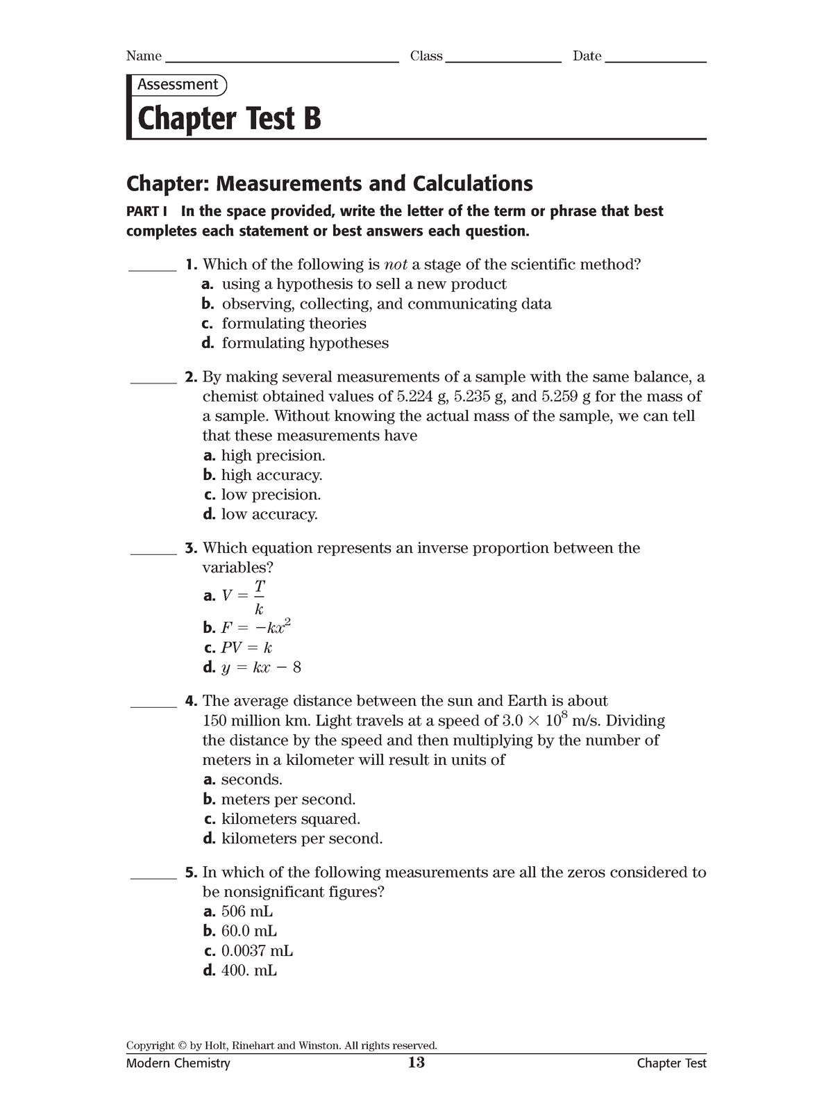 Chaptest B - Chemistry Chapter Test - Copyright © By Holt, Rinehart And ...