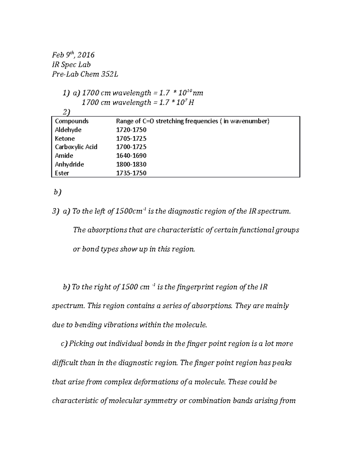 IR Spec Pre Lab - lab report - Feb 9th, 2016 IR Spec LabPre-Lab Chem ...