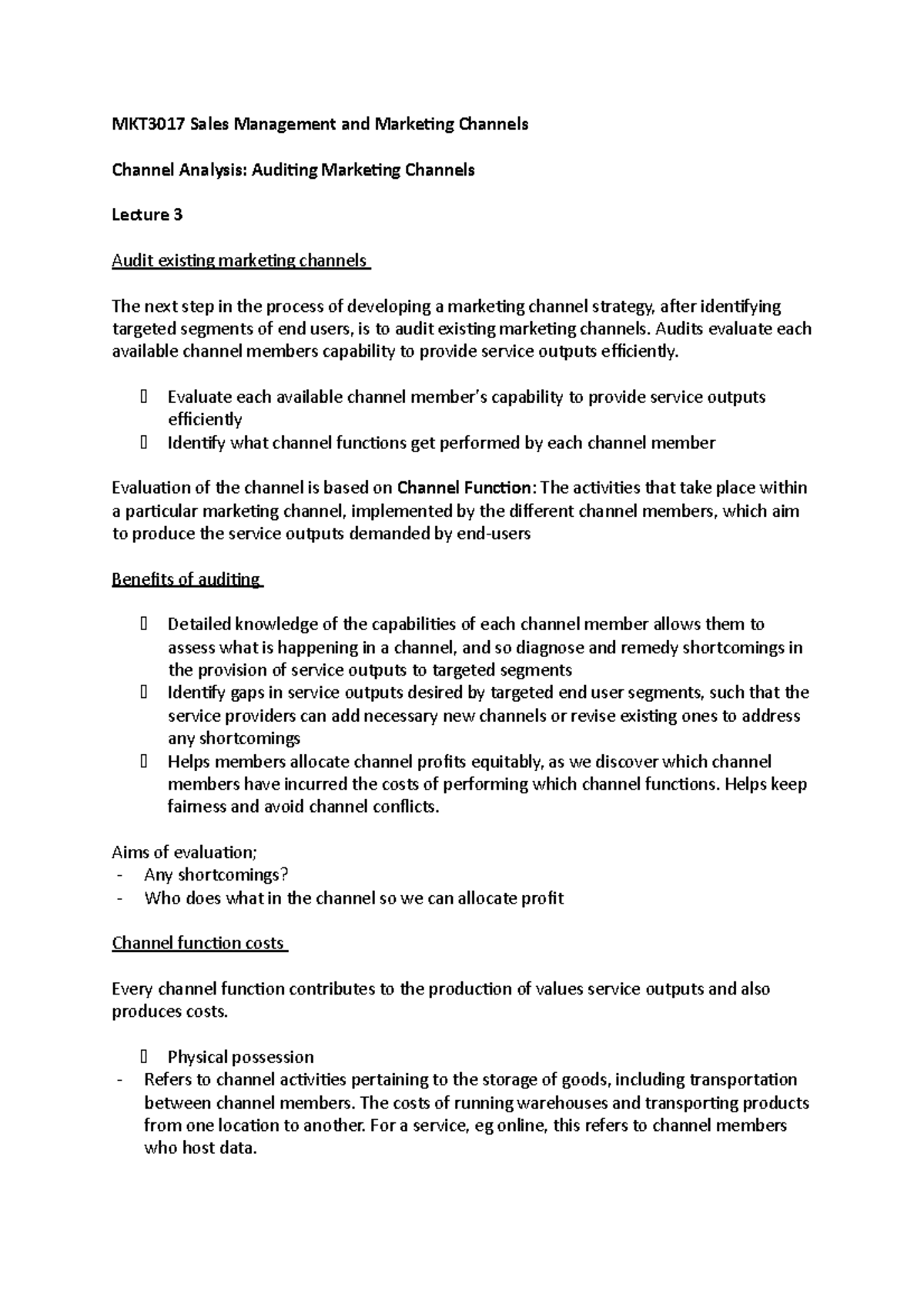 Channel Analysis: Auditing Marketing Channels - MKT3017 Sales ...