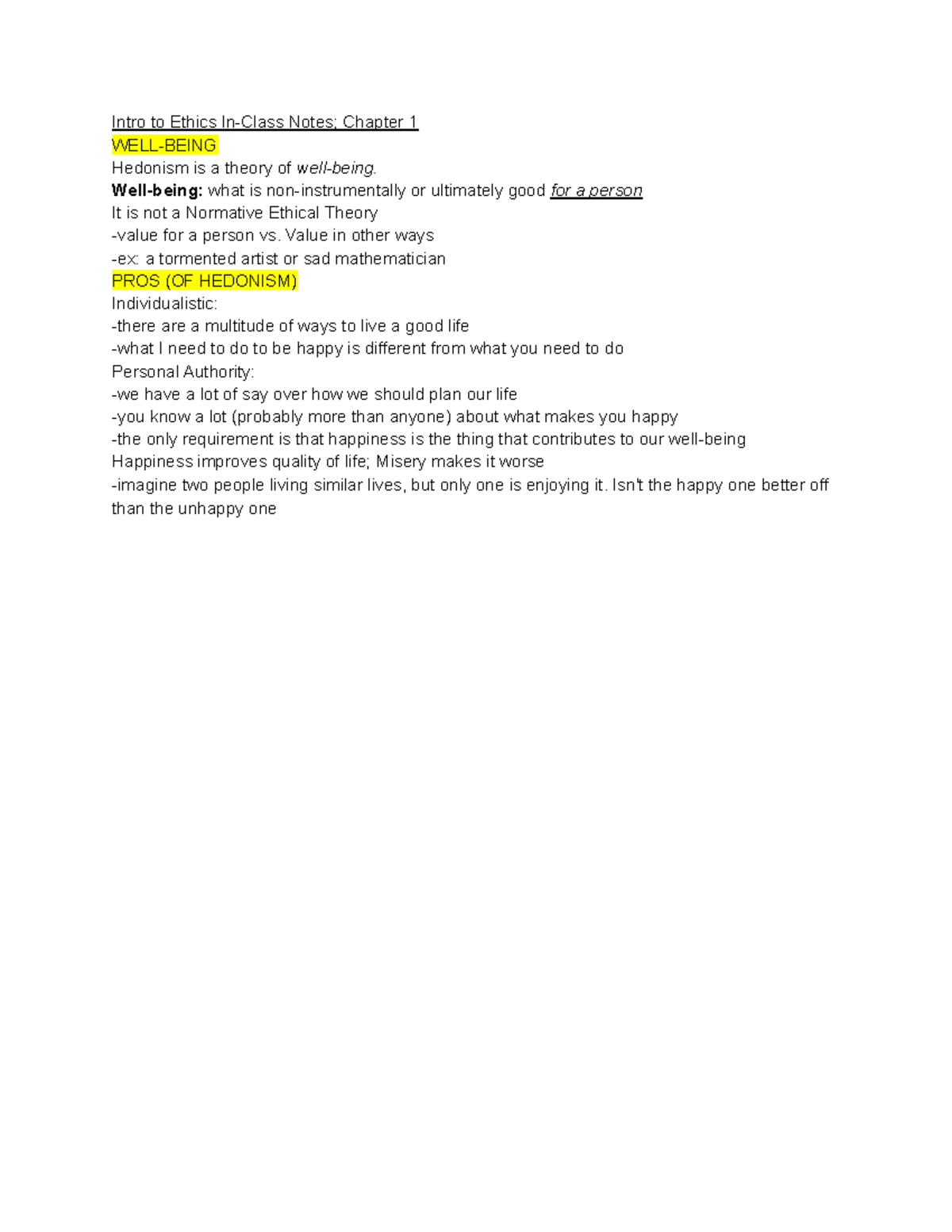 Chapter 1 - Intro to Ethics In-Class Notes; Chapter 1 WELL-BEING ...