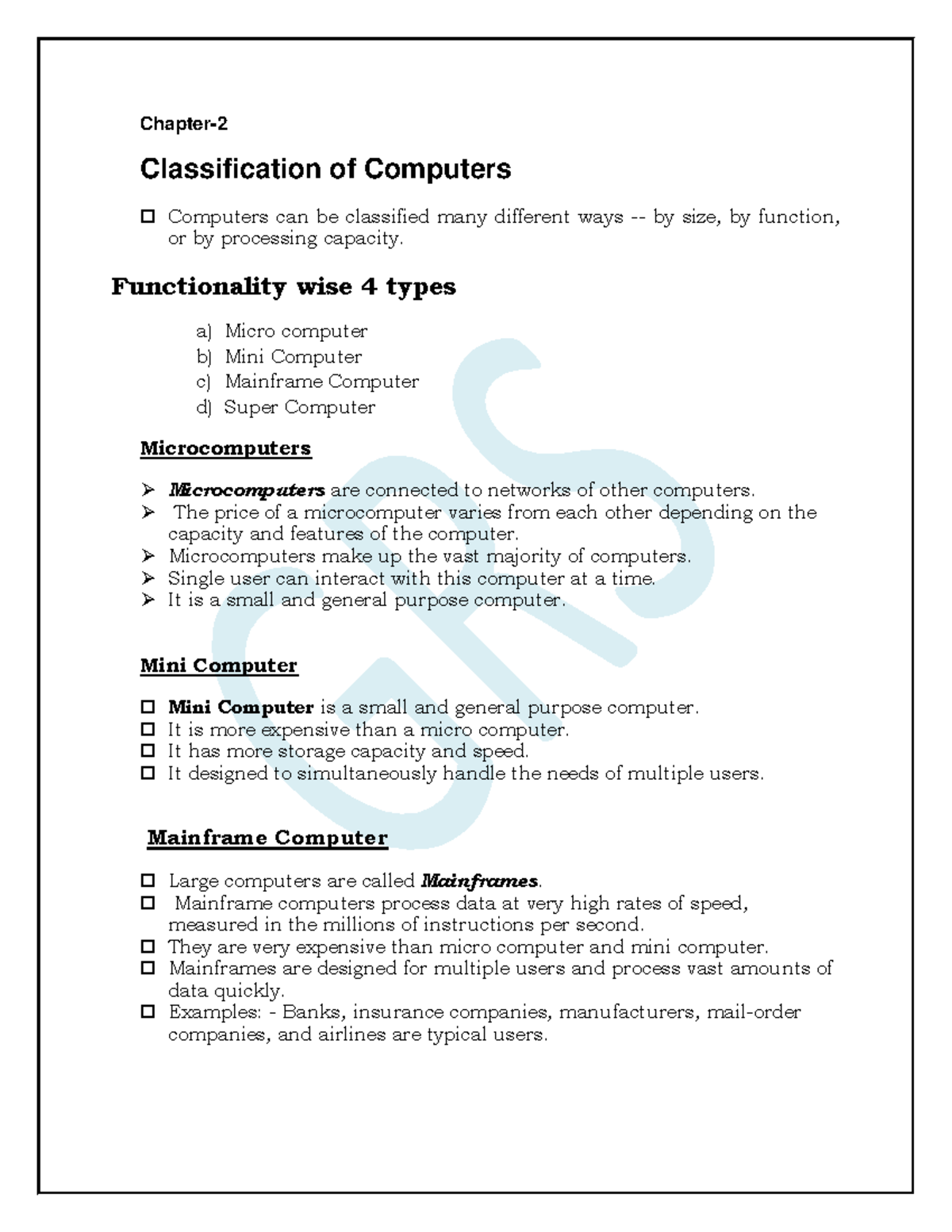 Classification of Computers inTRODUCTORY NOTES - Chapter ...