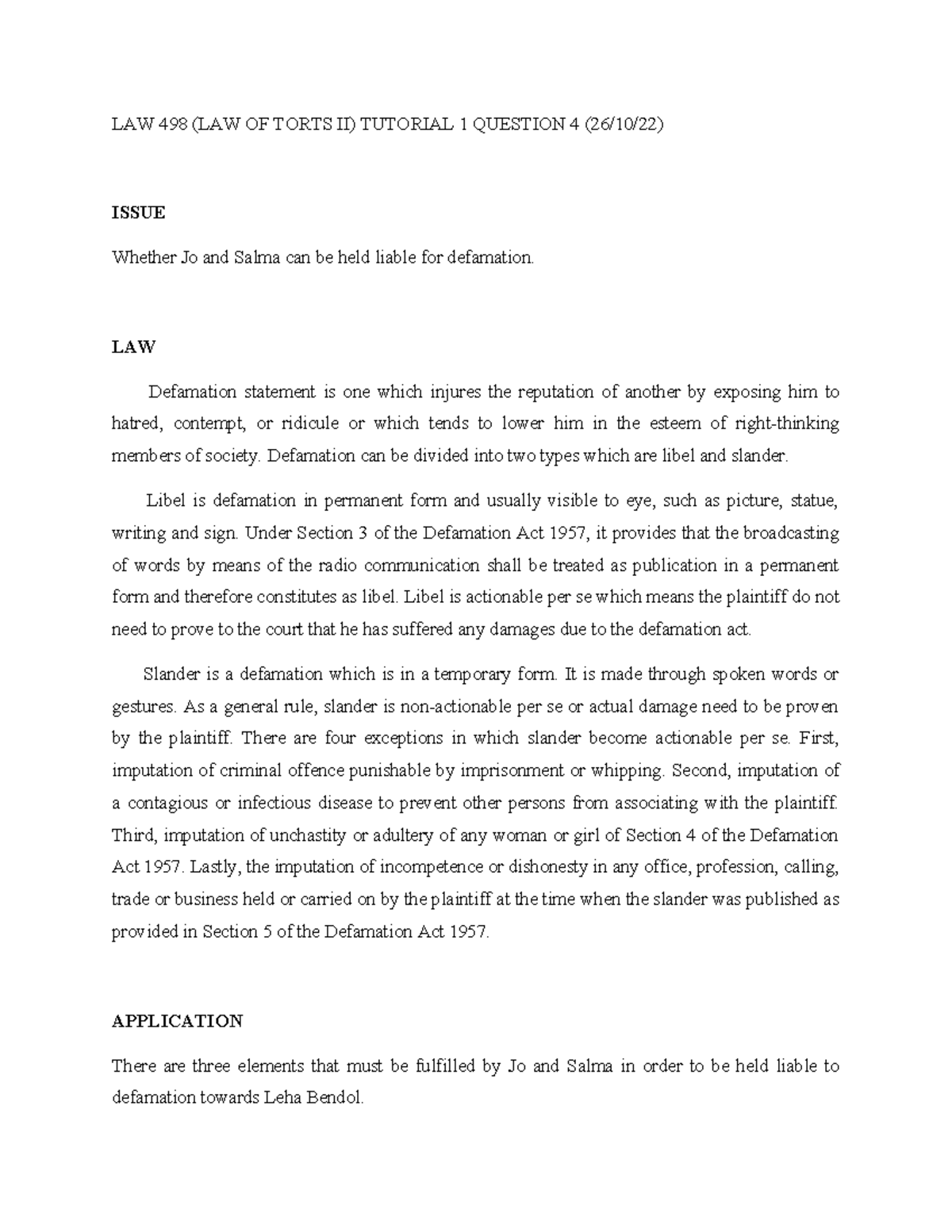 Document - tuto - LAW 498 (LAW OF TORTS II) TUTORIAL 1 QUESTION 4 (26 ...