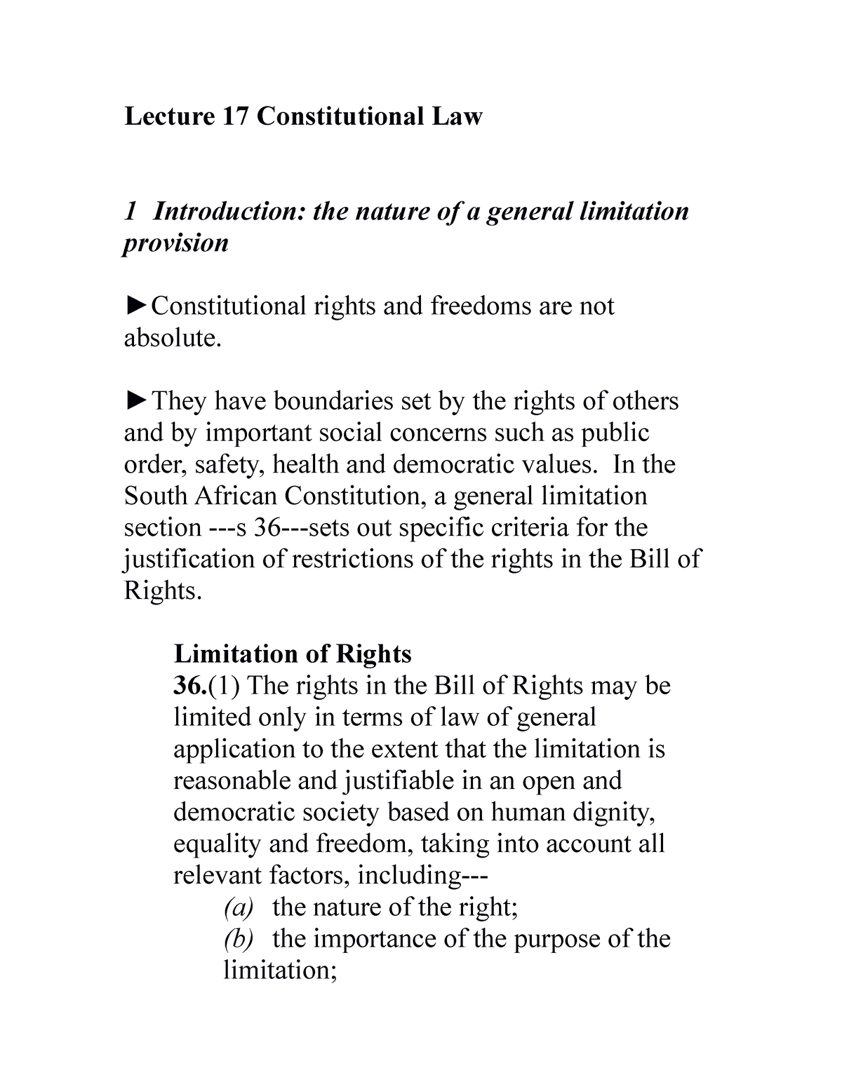 Limitations Part 1 - Notes - Lecture 17 Constitutional Law 1 