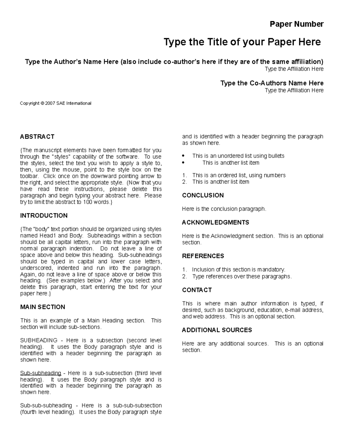 Sae Technical Paper Format - Paper Number Type The Title Of Your Paper 