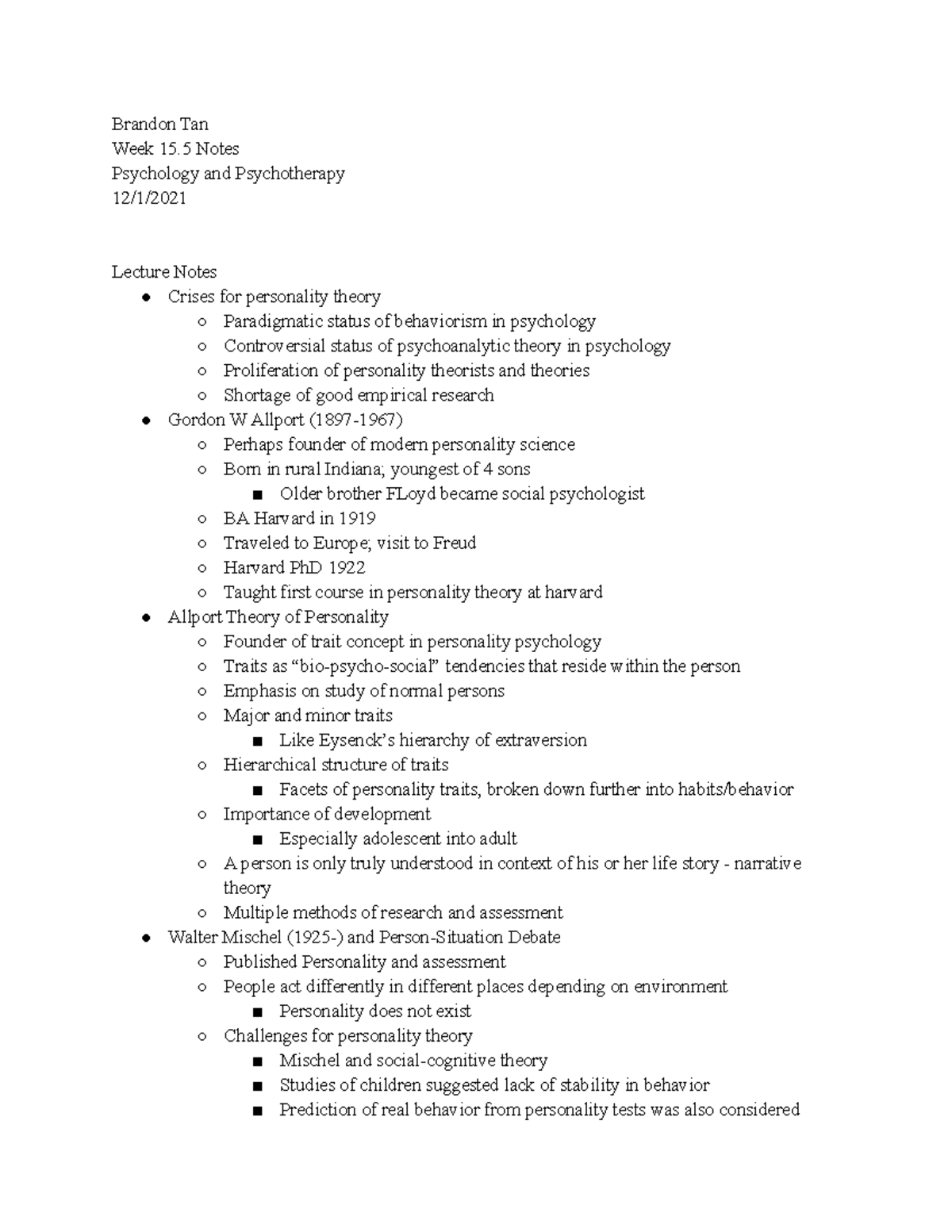 5150 Week 15.5 Notes - Brandon Tan Week 15 Notes Psychology and ...