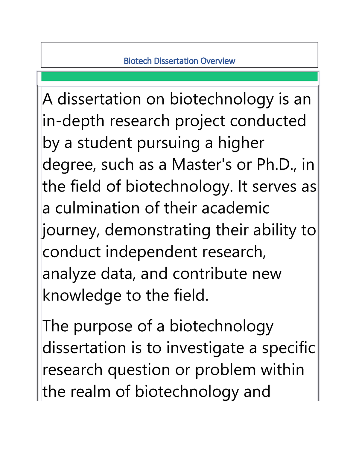 6 month dissertation in biotechnology 2022