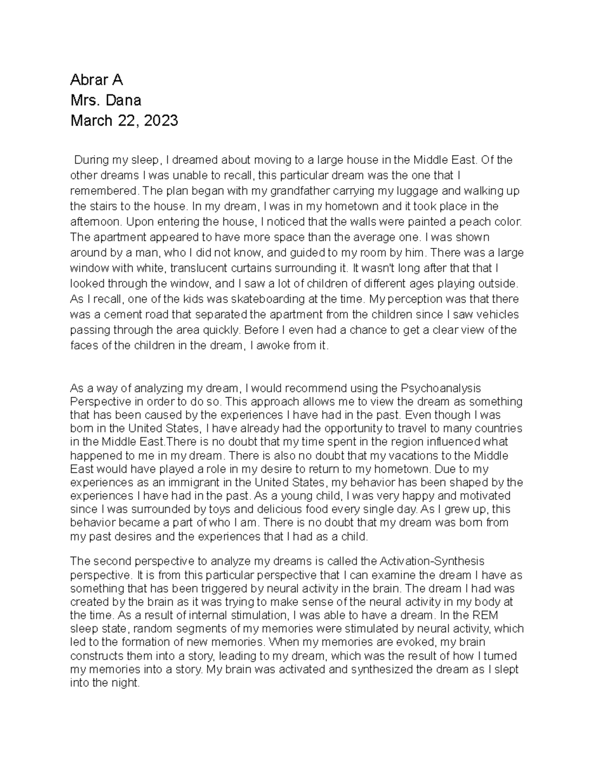 Dream Analysis health Studocu