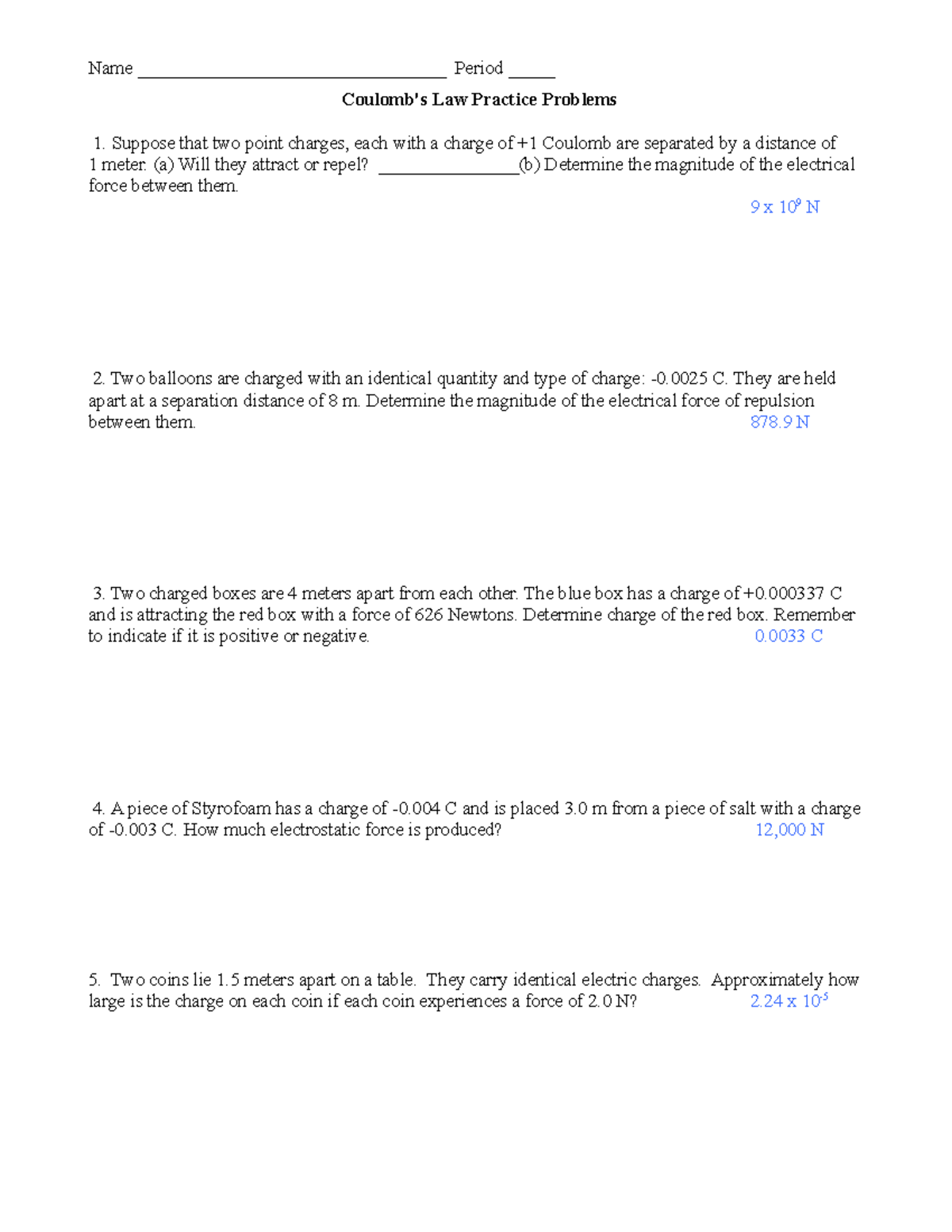 Coulomb law practice with answers 1 - Name ...