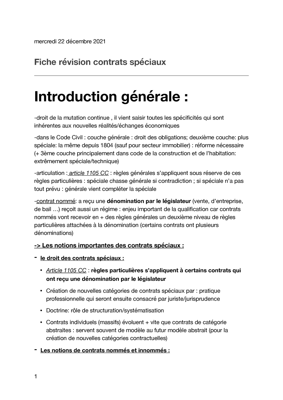 Fiche Contrats Spéciaux Introduction - Mercredi 22 Décembre 2021 Fiche ...