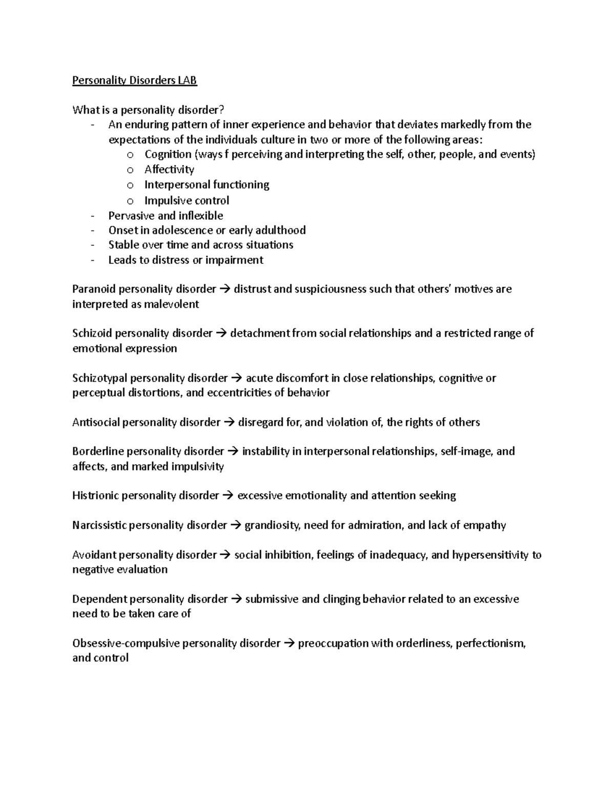 Personality Disorders LAB Notes - 4/29 - Personality Disorders LAB What ...