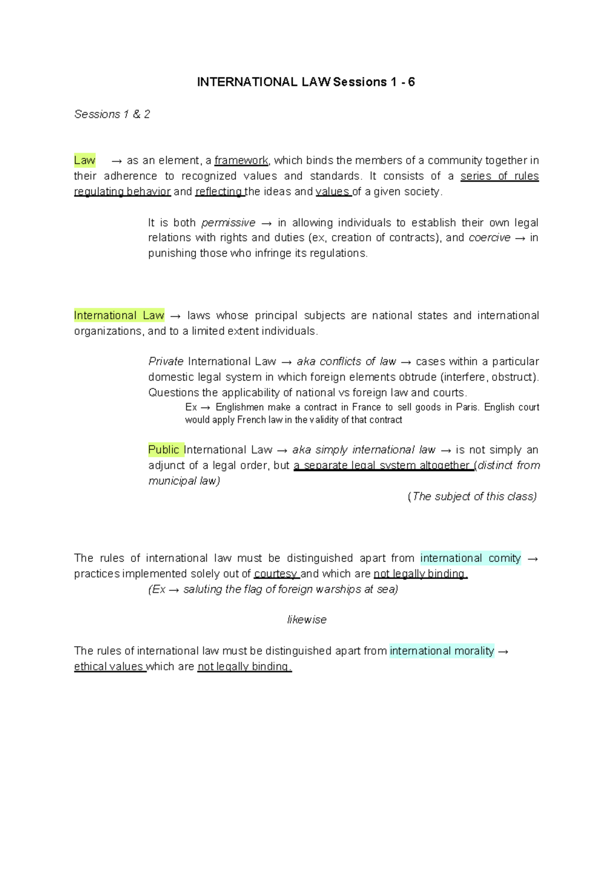 Class Notes for International Law - INTERNATIONAL LAW Sessions 1 - 6 ...