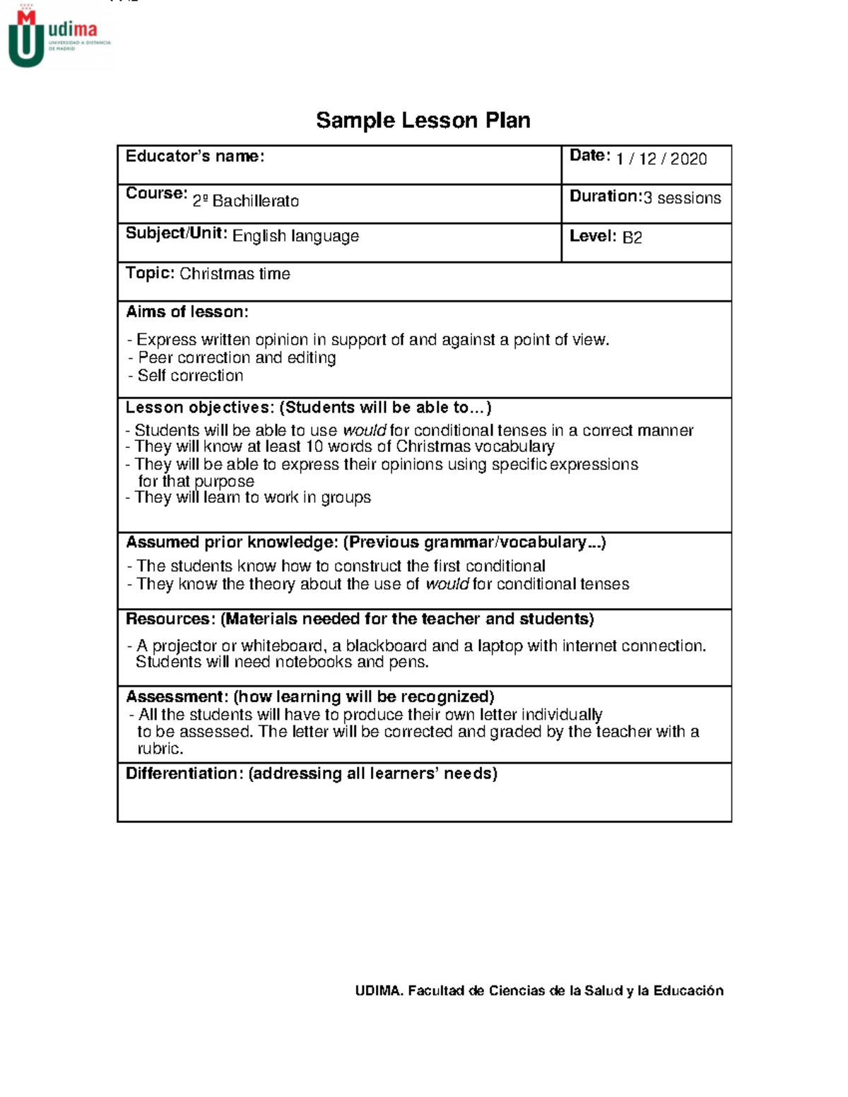 Lesson plan EFL Teaching and Learning I - Sample Lesson Plan Educator’s ...