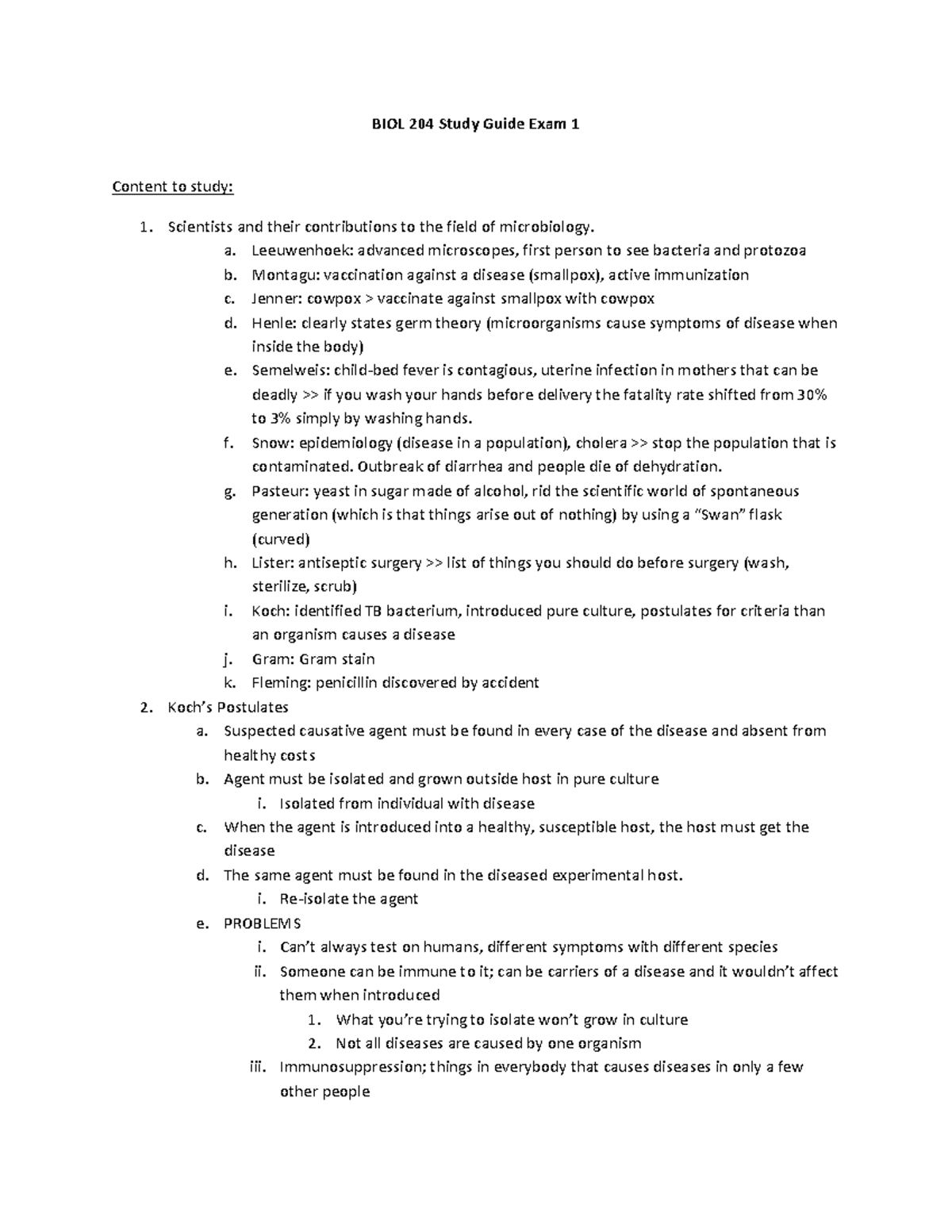 Microbiology Study Guide 1 - BIOL 204 Study Guide Exam 1 Content to ...