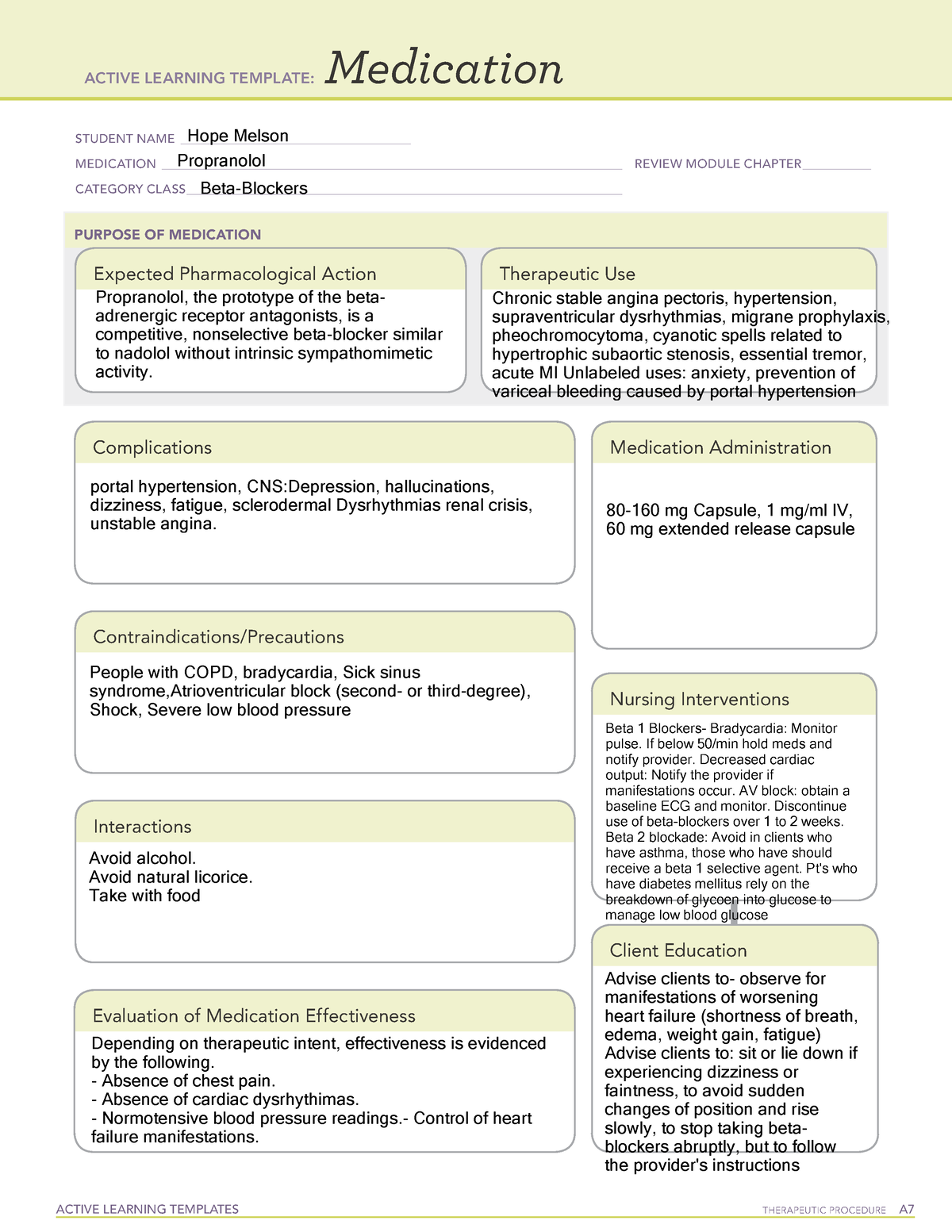 2022 ATI Medication Template PROPRANOLOL ACTIVE LEARNING TEMPLATES