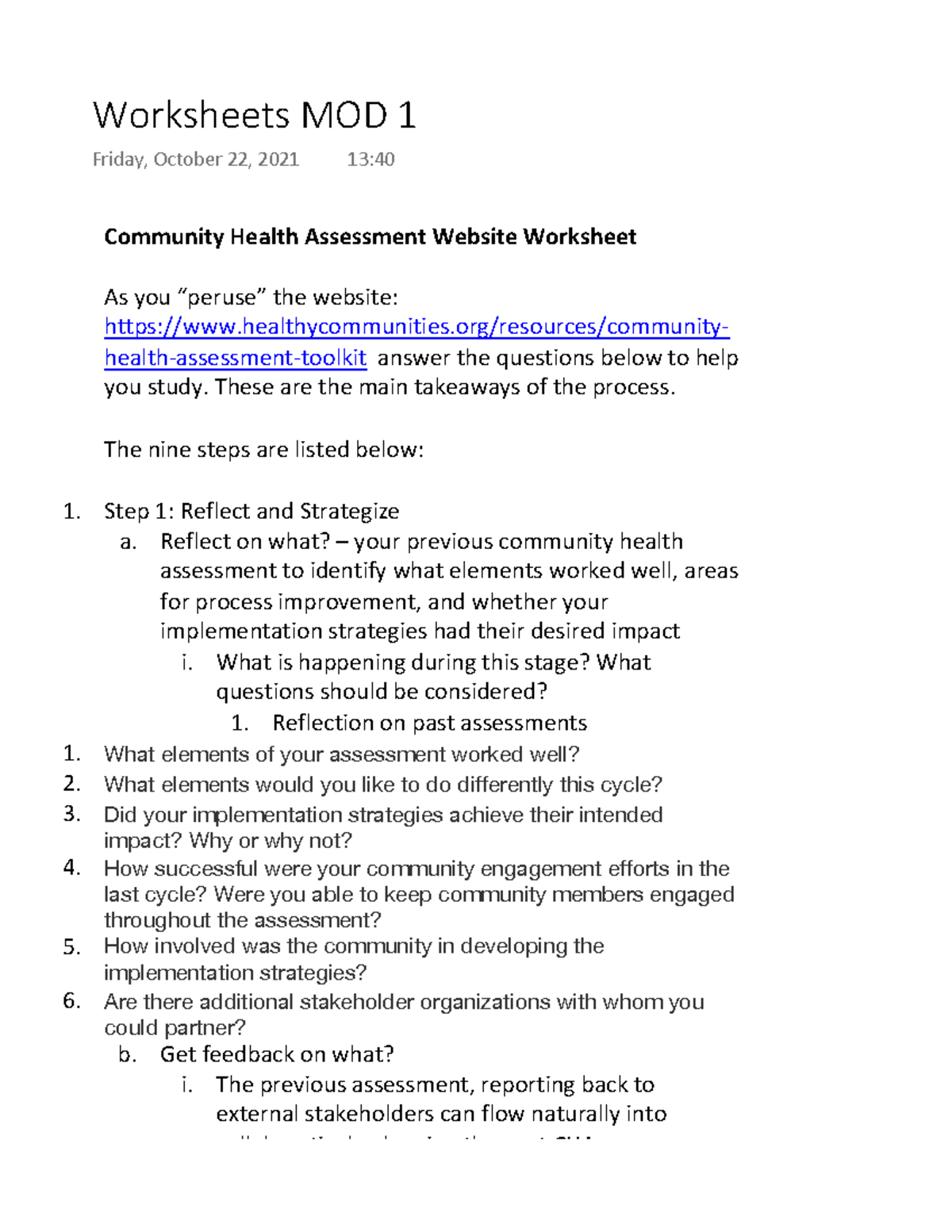 Worksheets MOD 1 - Spring 2022 - Community Health Assessment Website