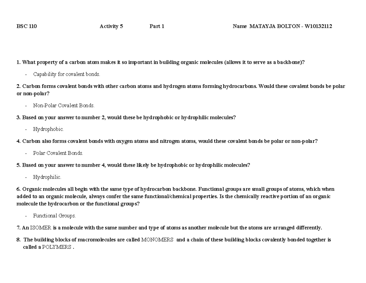 Activity+5 +functional+groups no+answer+key - BSC 110 Activity 5 Part 1 ...