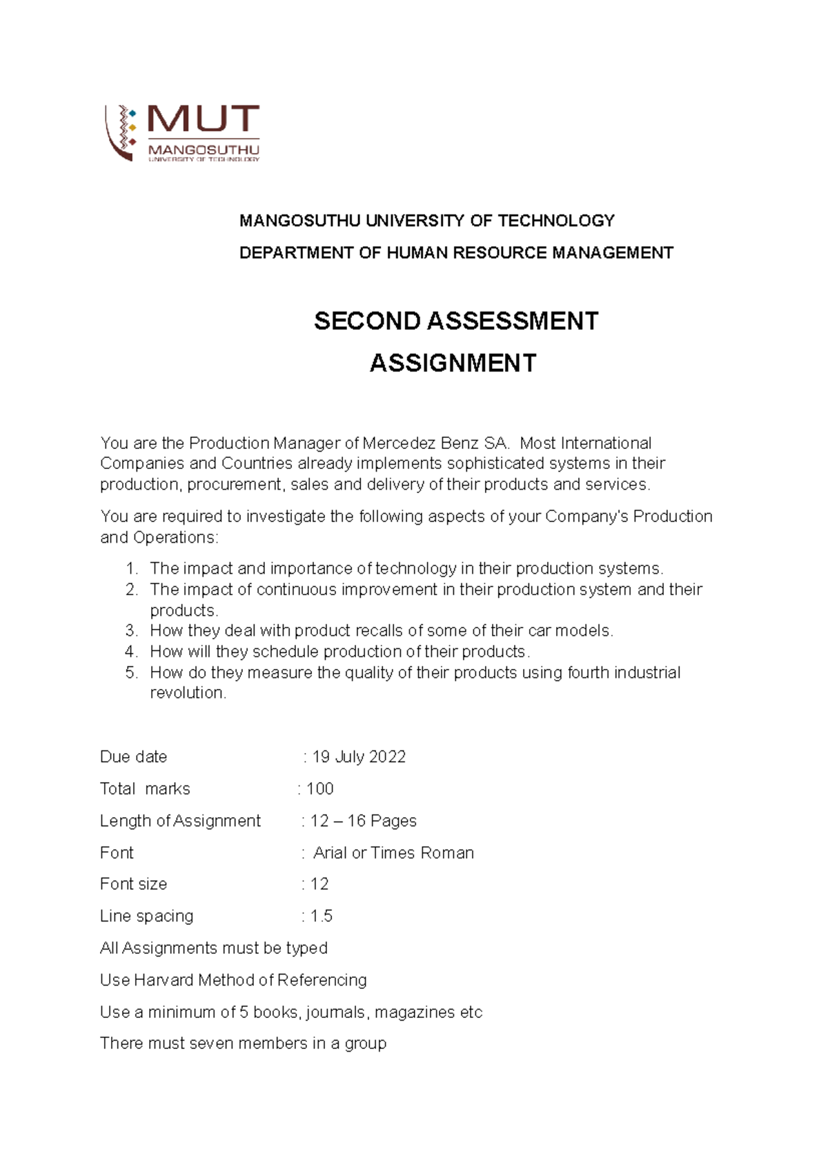 Assignment - BMAN200 (July 2022) - MANGOSUTHU UNIVERSITY OF TECHNOLOGY ...