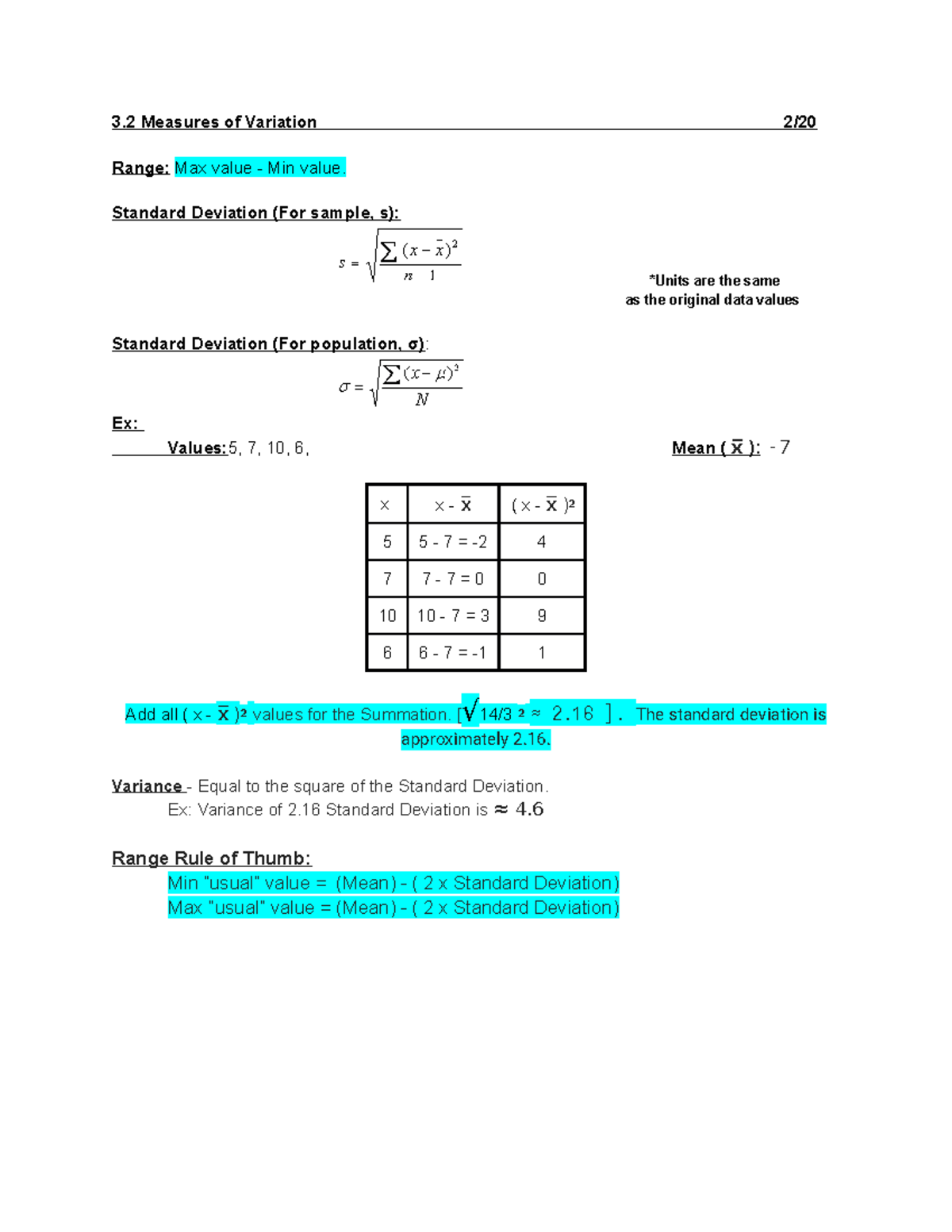 2 20 Class Notes - MTH113 - 3 Measures of Variation 2/ Range: Max value ...