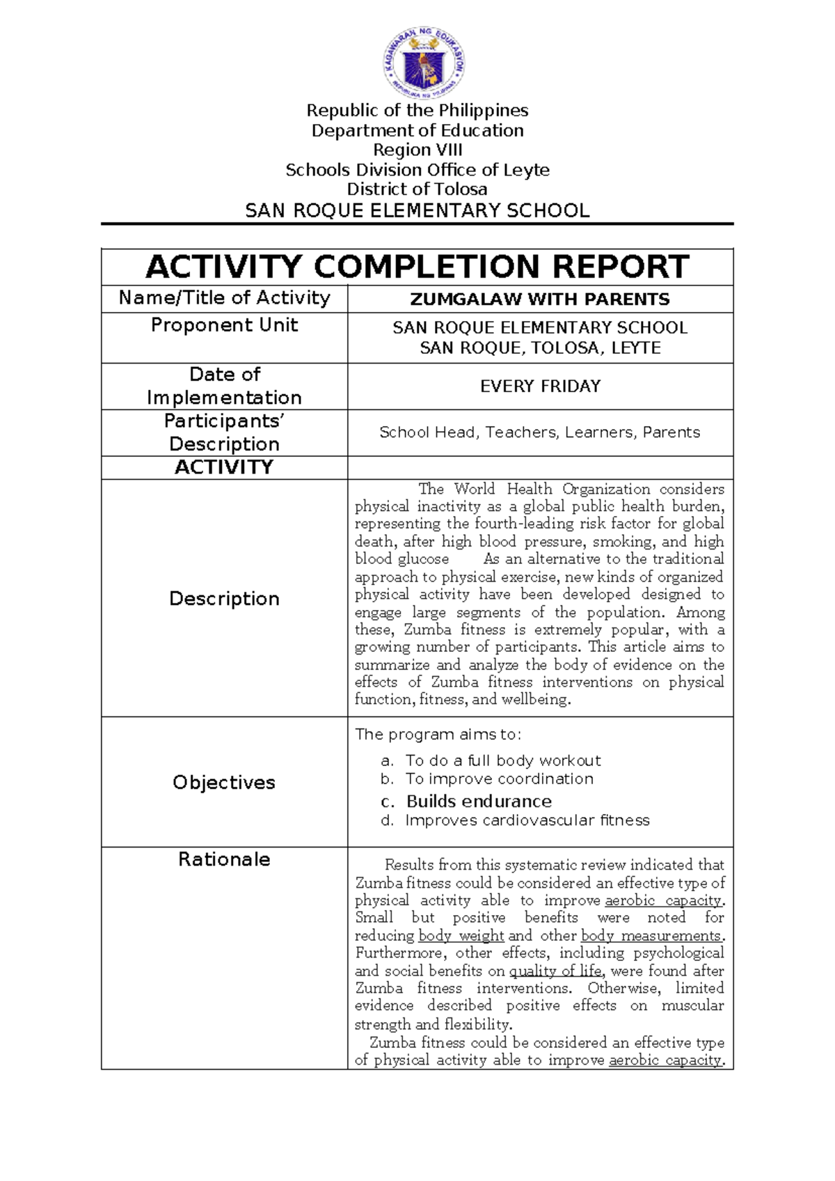 ACR Zumba - Republic of the Philippines Department of Education Region ...