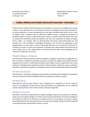 Analisis Modelos Salud-Enfermedad - InteracciÛn Comunitaria II Nayeli  MayarÌ V·squez Tzun ̇n Dr. - Studocu
