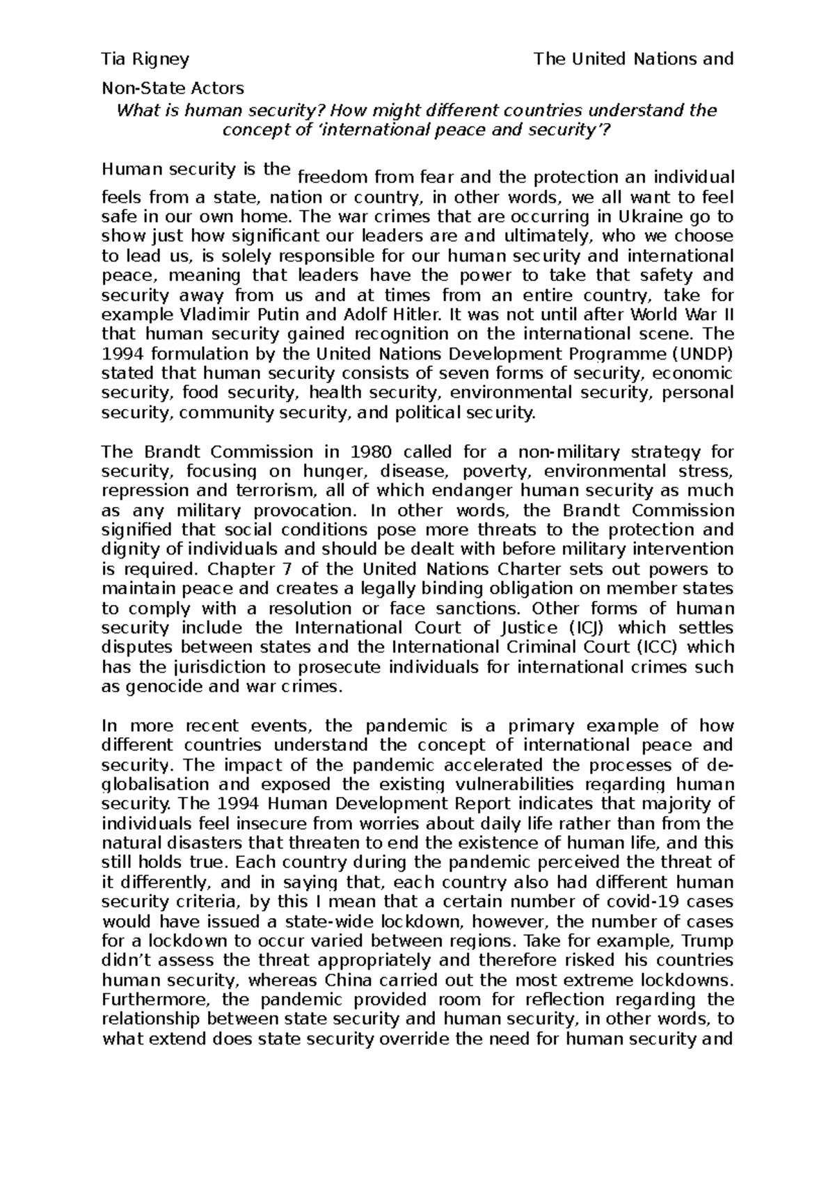 What is human security - Tia Rigney The United Nations and Non-State ...