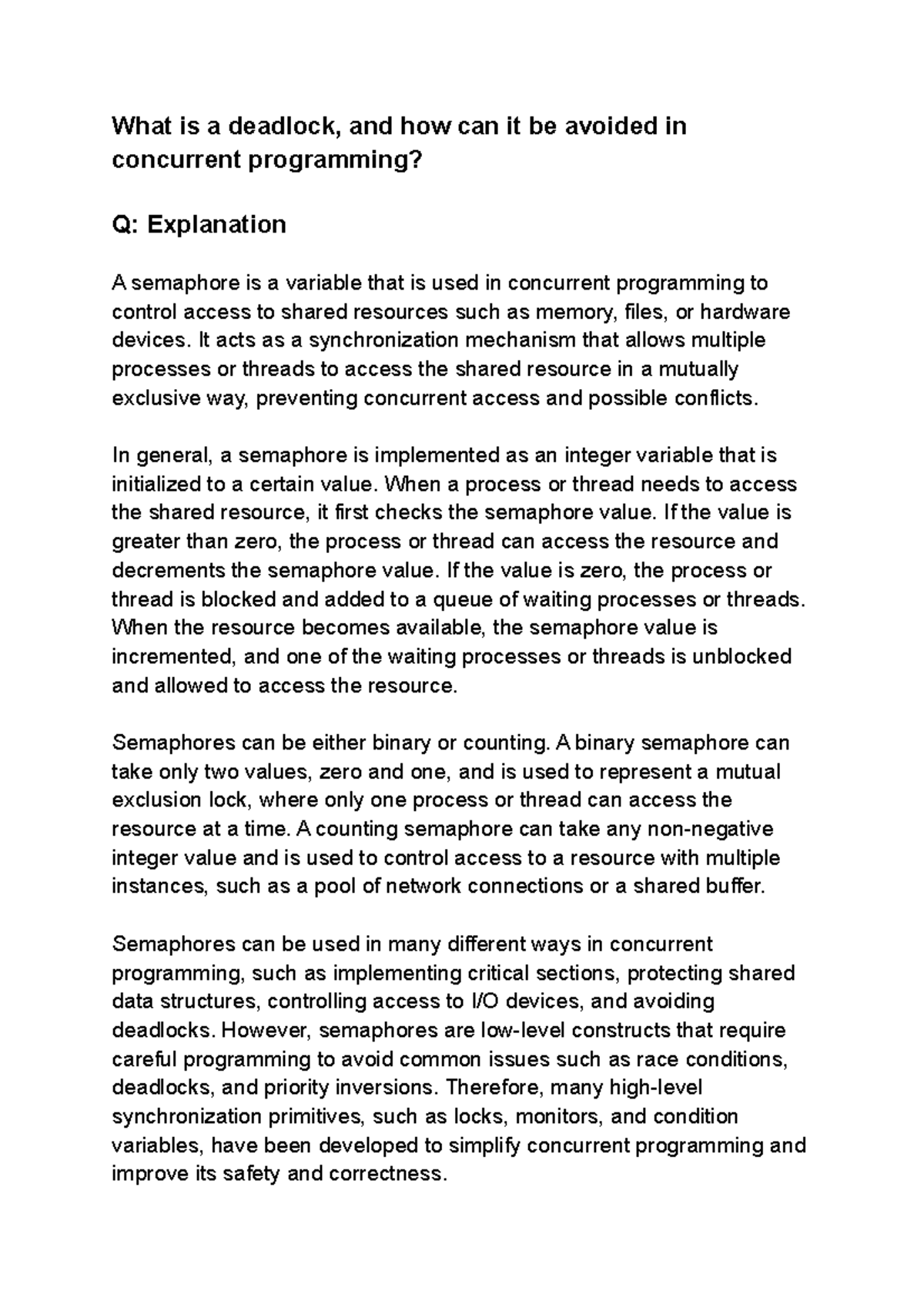 What is a deadlock, and how can it be avoided in concurrent programming