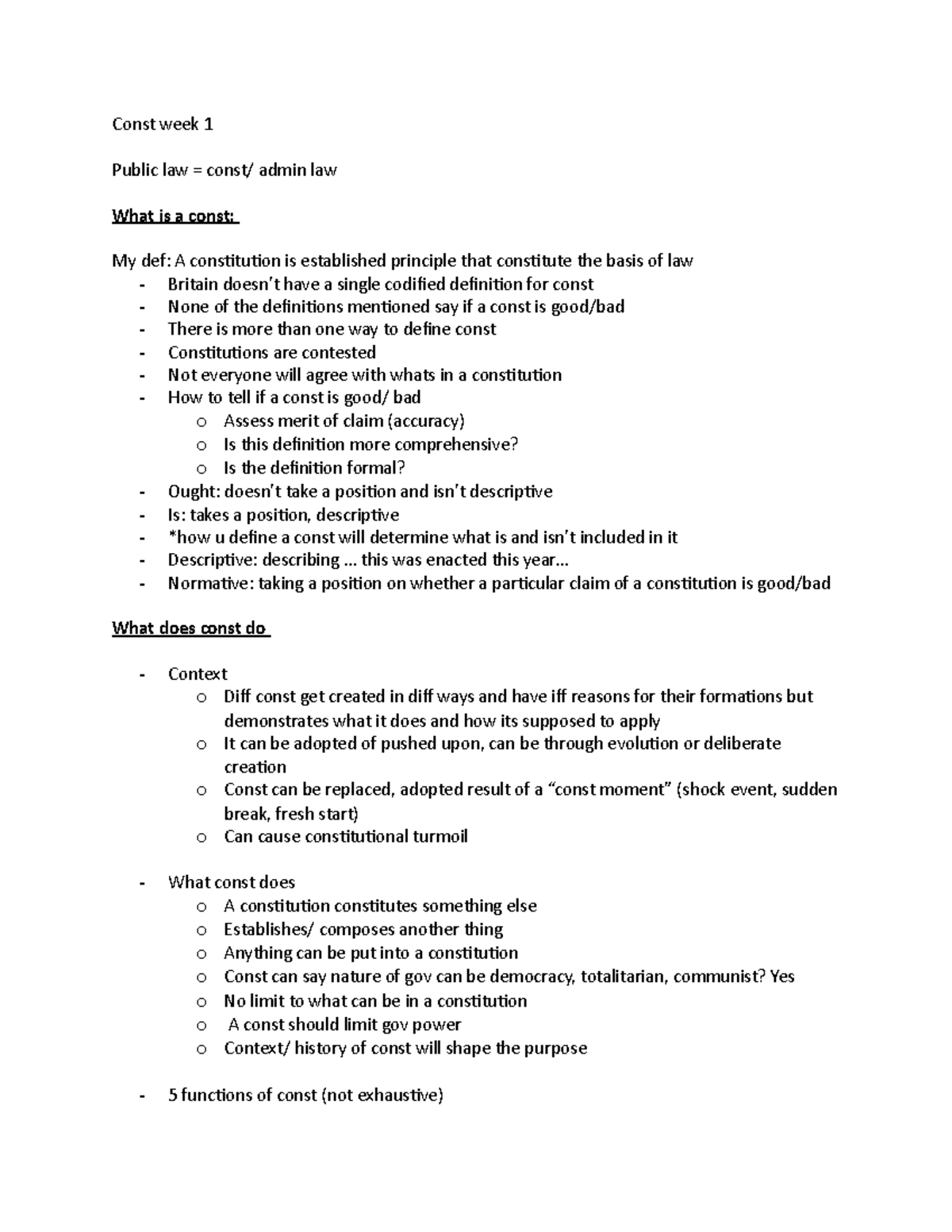 Constitution law week 1 lecture notes - Const week 1 Public law = const ...