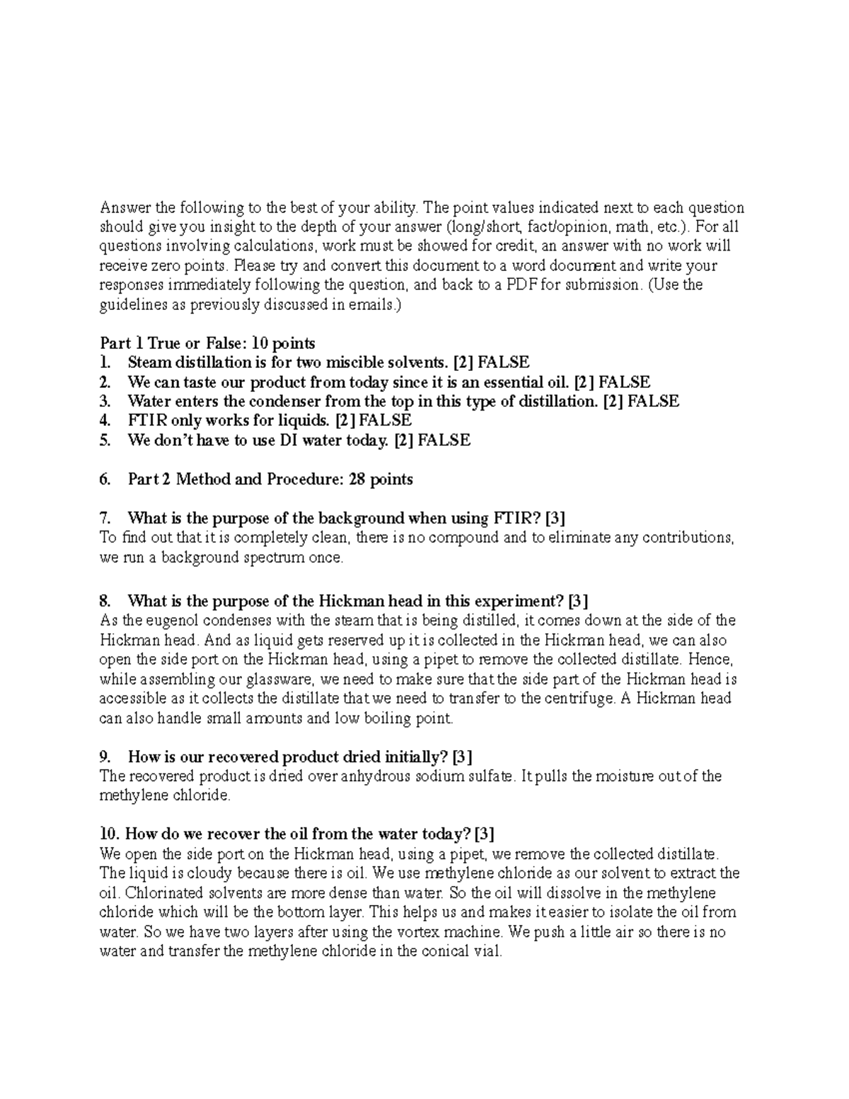 Steam distillation Worksheet Answer the following to the best of