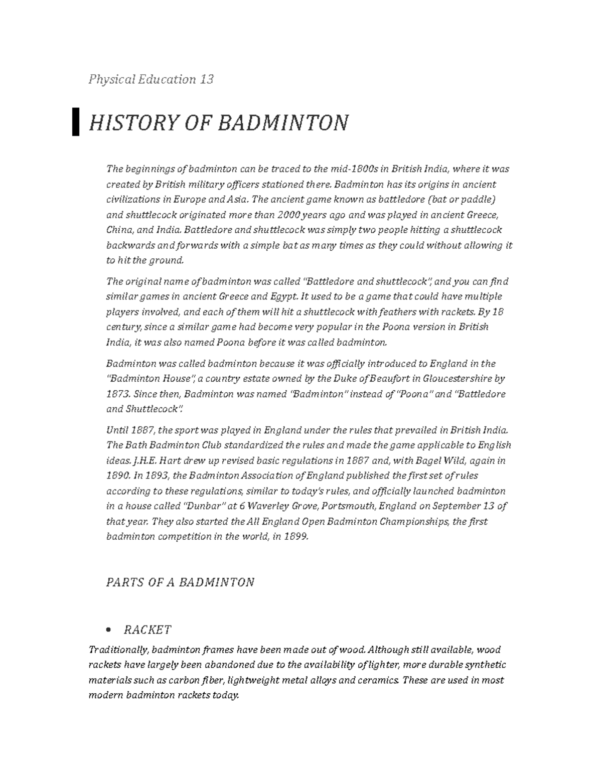 PE Assignment Badminton History Racket Shuttlecock Physical