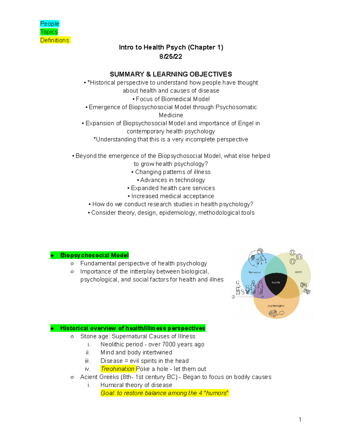 8 25 22 Chapter 1 Notes - Topics Definitions Intro To Health Psych ...