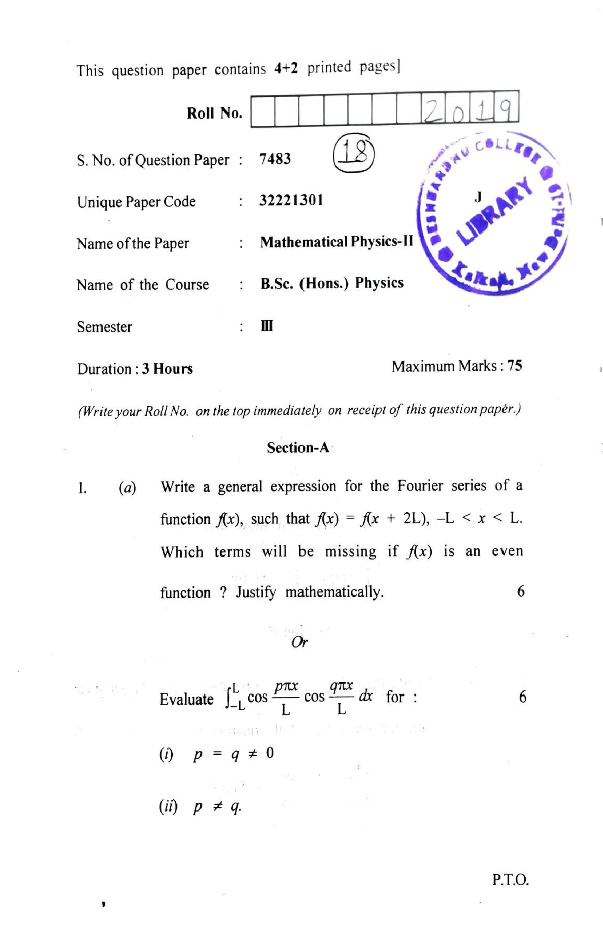 B.Sc.(H) Physics-3rd Semester-2019 - This Question Paper Contains 4+2 ...