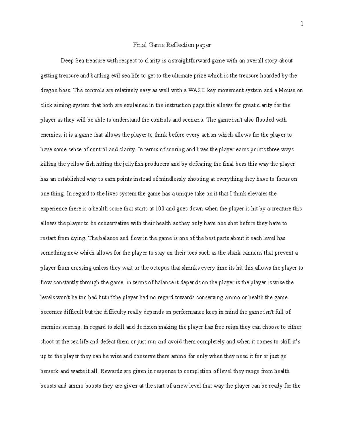 Game Report - Ruo8tjuorekjtor - 1 Final Game Reflection paper Deep Sea ...