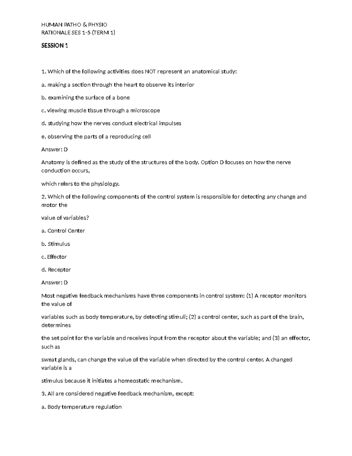 Human Pathophysio Ratio SES 1 5 - RATIONALE SES 1-5 (TERM 1) SESSION 1 ...