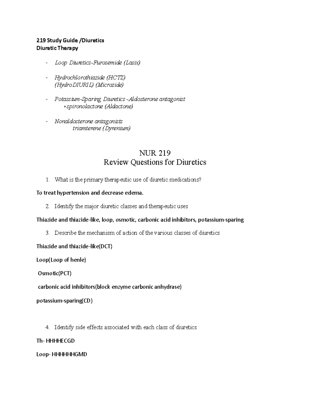 219 Diuretic Therapy Study Guide - 219 Study Guide /Diuretics Diuretic ...