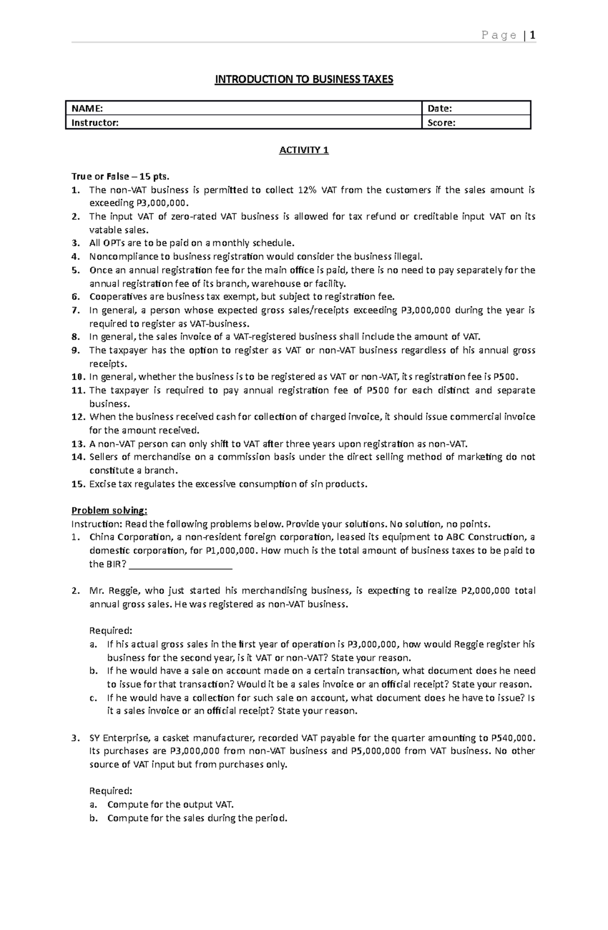 Topic 1 - Introduction TO Business Taxes - P A G E | 1 INTRODUCTION TO ...