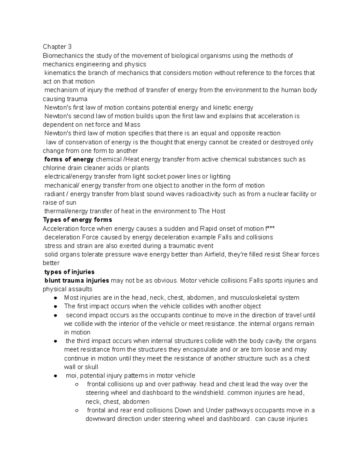 TNCC notes - Chapter 3 Biomechanics the study of the movement of ...