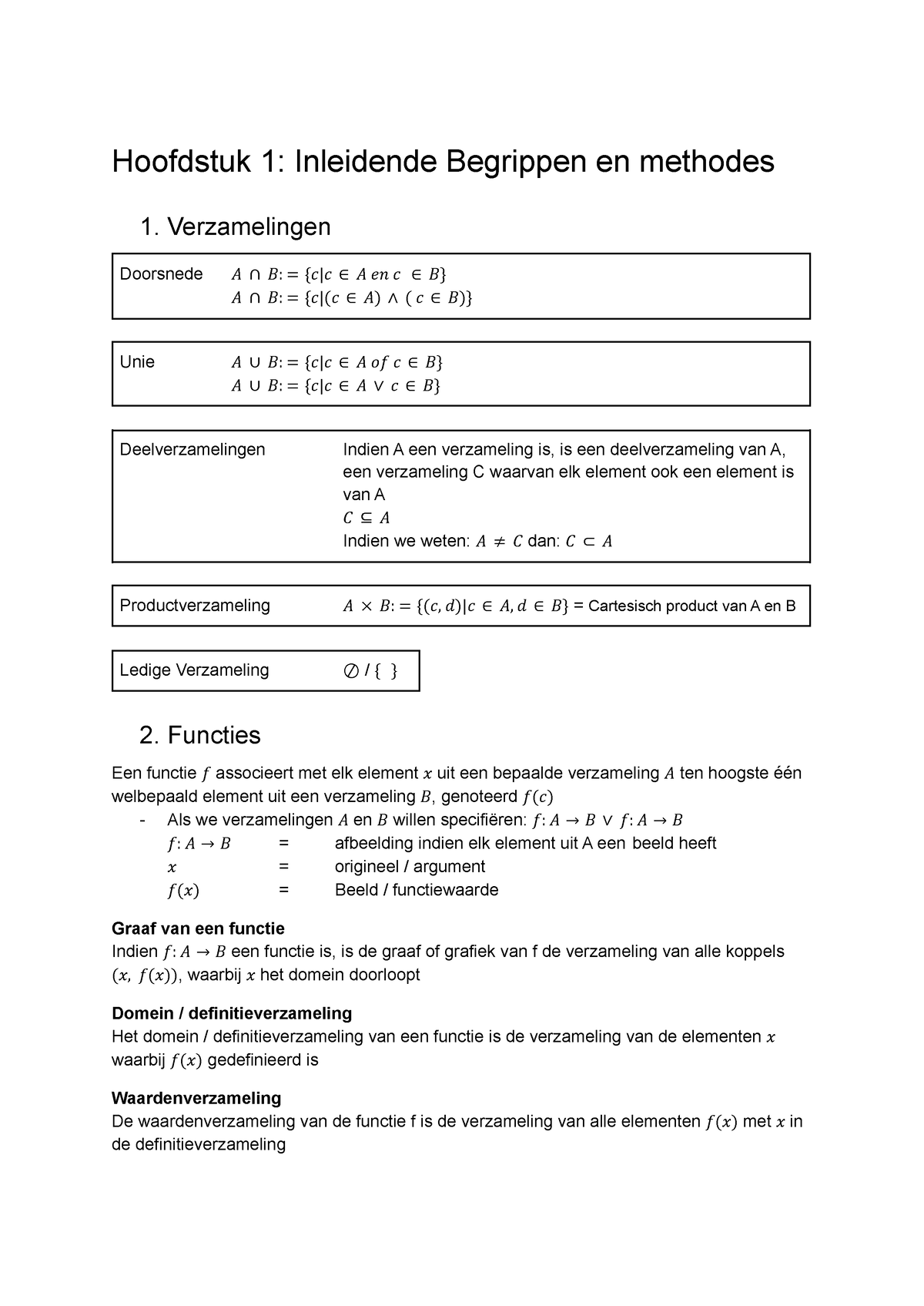 Theorie Overzicht Wiskunde I Hoofdstuk 1 Inleidende Begrippen En Methodes 1 Verzamelingen