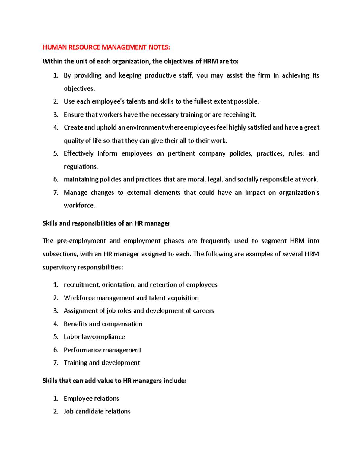 Human Resource Management HUMAN RESOURCE MANAGEMENT NOTES Within the