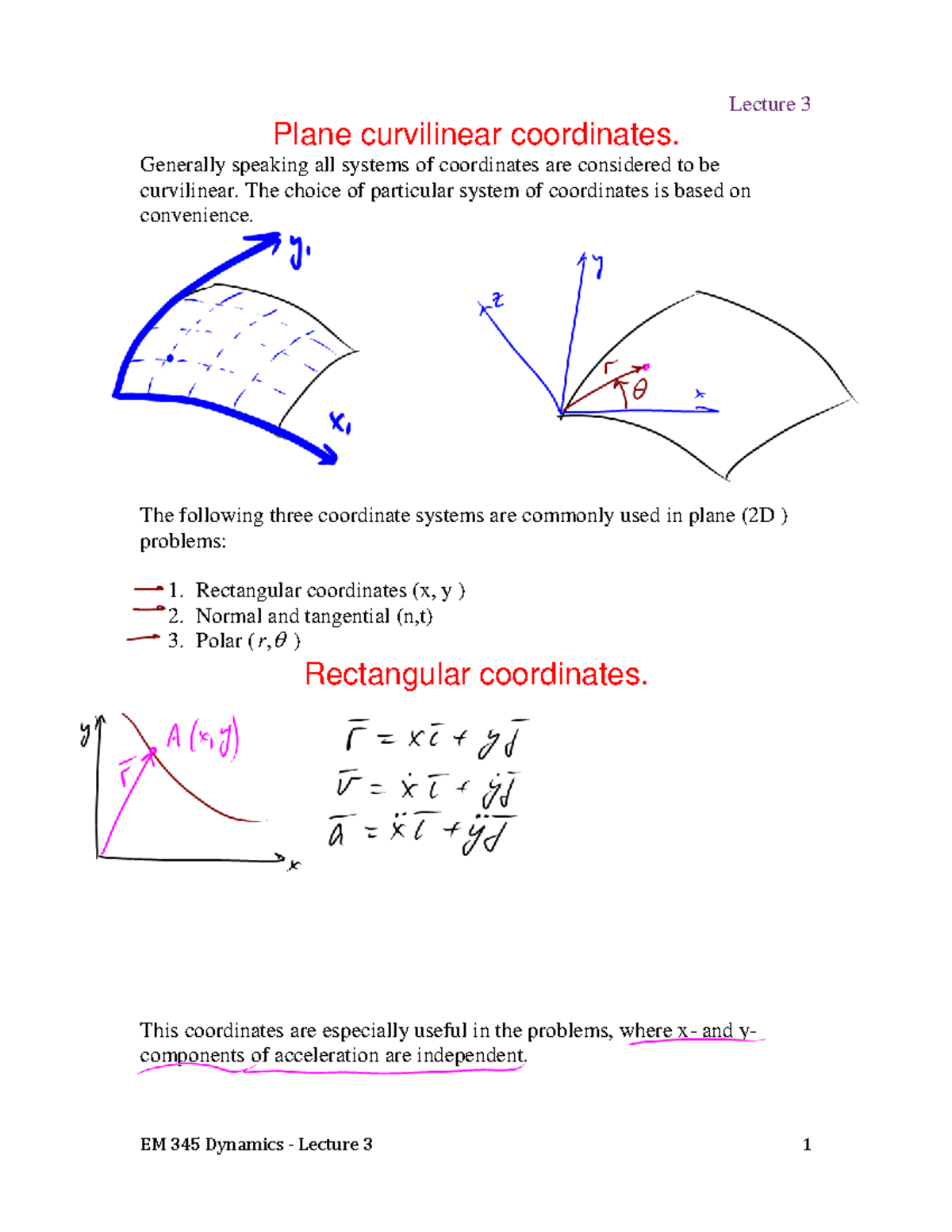 L3 - Lecture Notes 3 - Lecture 3 Plane Curvilinear Coordinates ...