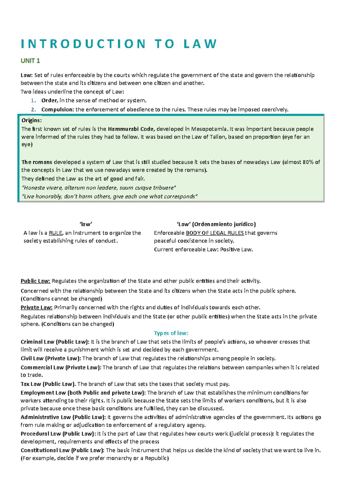 Intro to law apuntes - I N T R O D U C T I O N T O L A W UNIT 1 Law ...