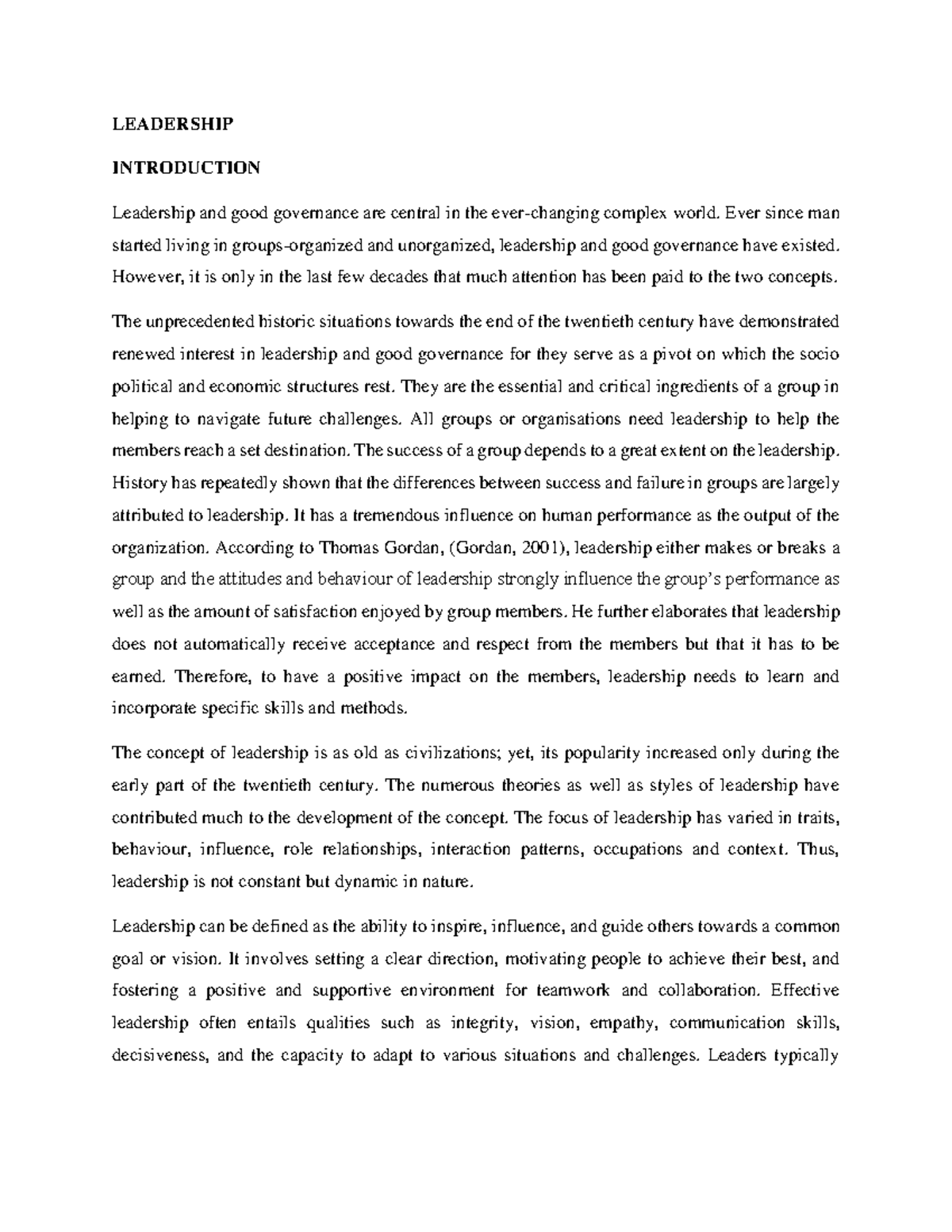 Leadership - LEADERSHIP INTRODUCTION Leadership and good governance are ...