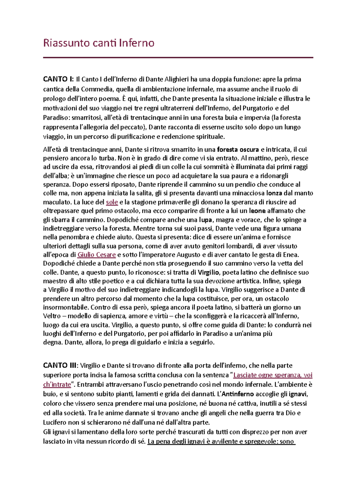 Riassunto canti Inferno Riassunto canti Inferno CANTO I Il Canto I