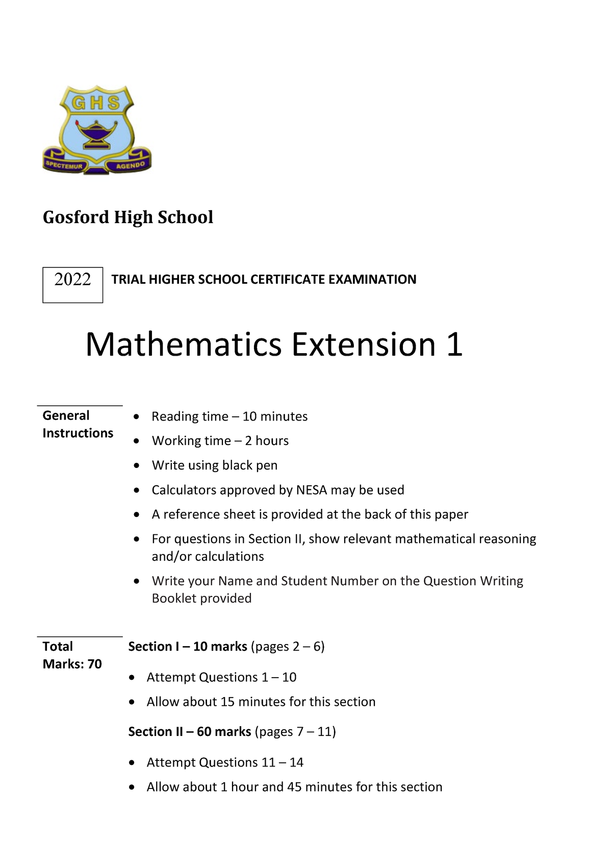 Gosford 2022 Extension 1 Solutions - Gosford High School 2022 TRIAL ...