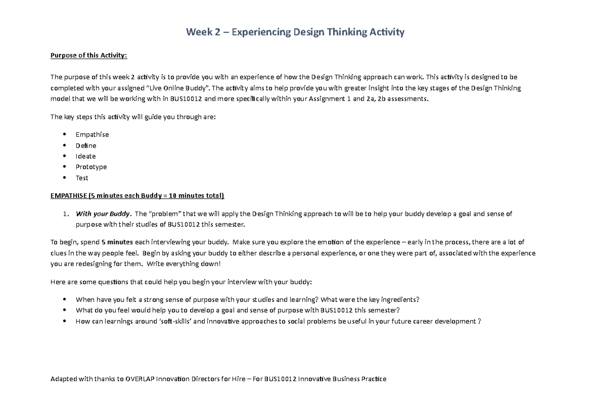 Week 2 Experiencing Design Thinking Activity - Studocu