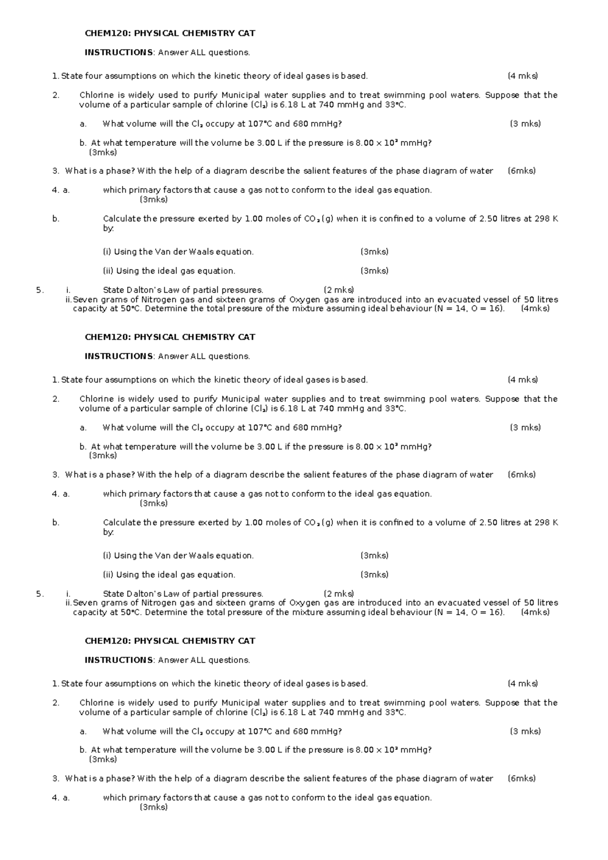 CHEM120 cat CHEM120 PHYSICAL CHEMISTRY CAT INSTRUCTIONS Answer ALL
