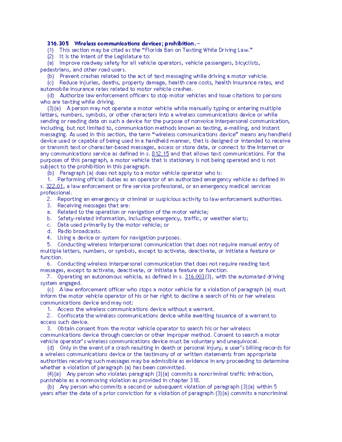 Florida State Statute 316 316 Wireless communications devices