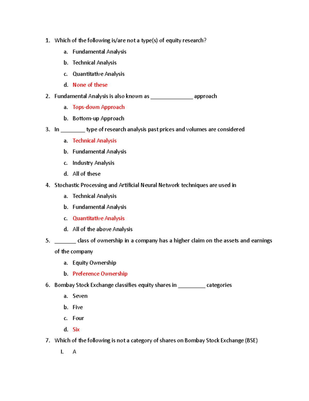 equity research mcq questions and answers pdf