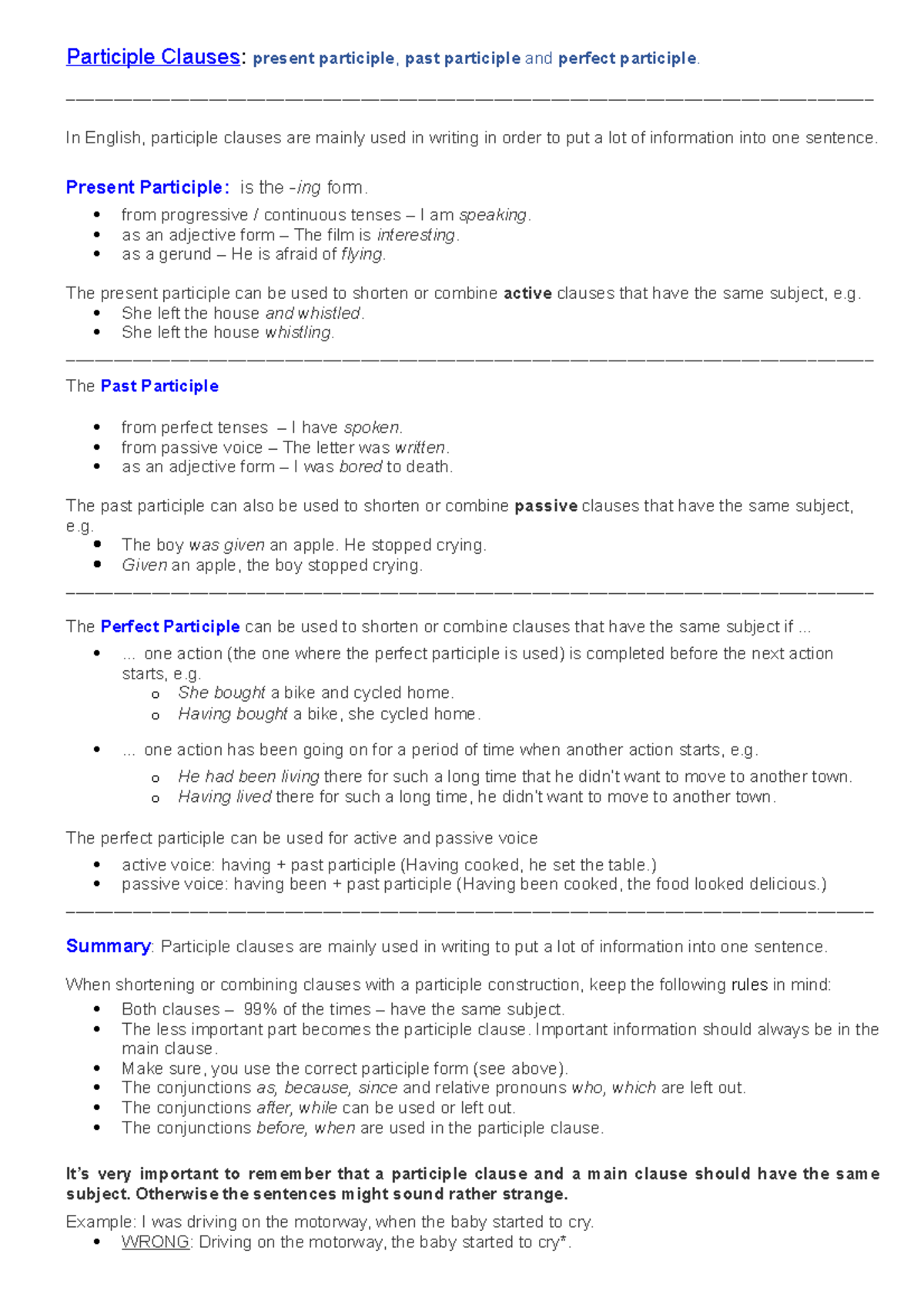 Participle Clauses Explanation Exercises Part 1 With Ans Participle Clauses Present 9653