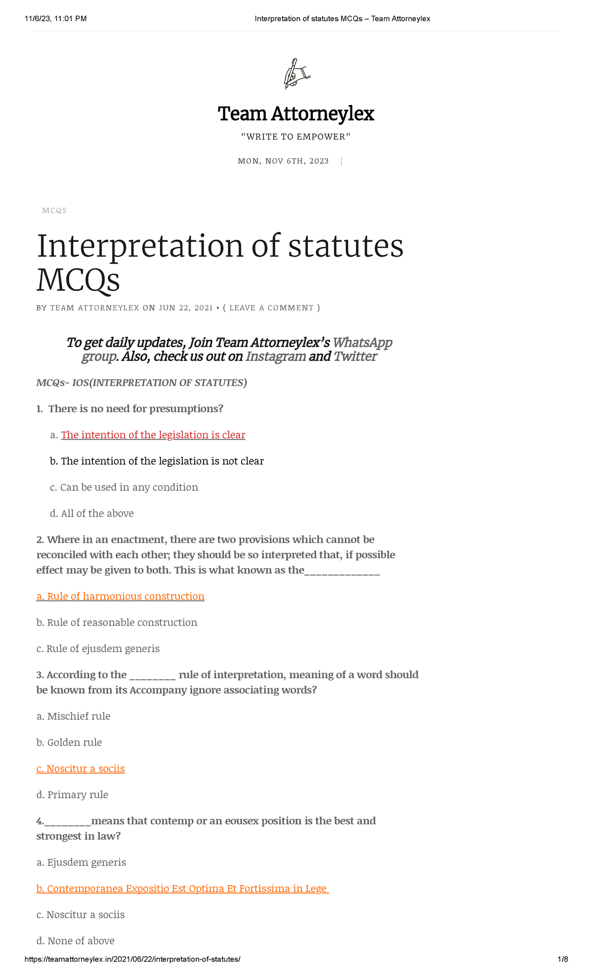 Interpretation of statutes MCQs Team Attorneylex MCQ S