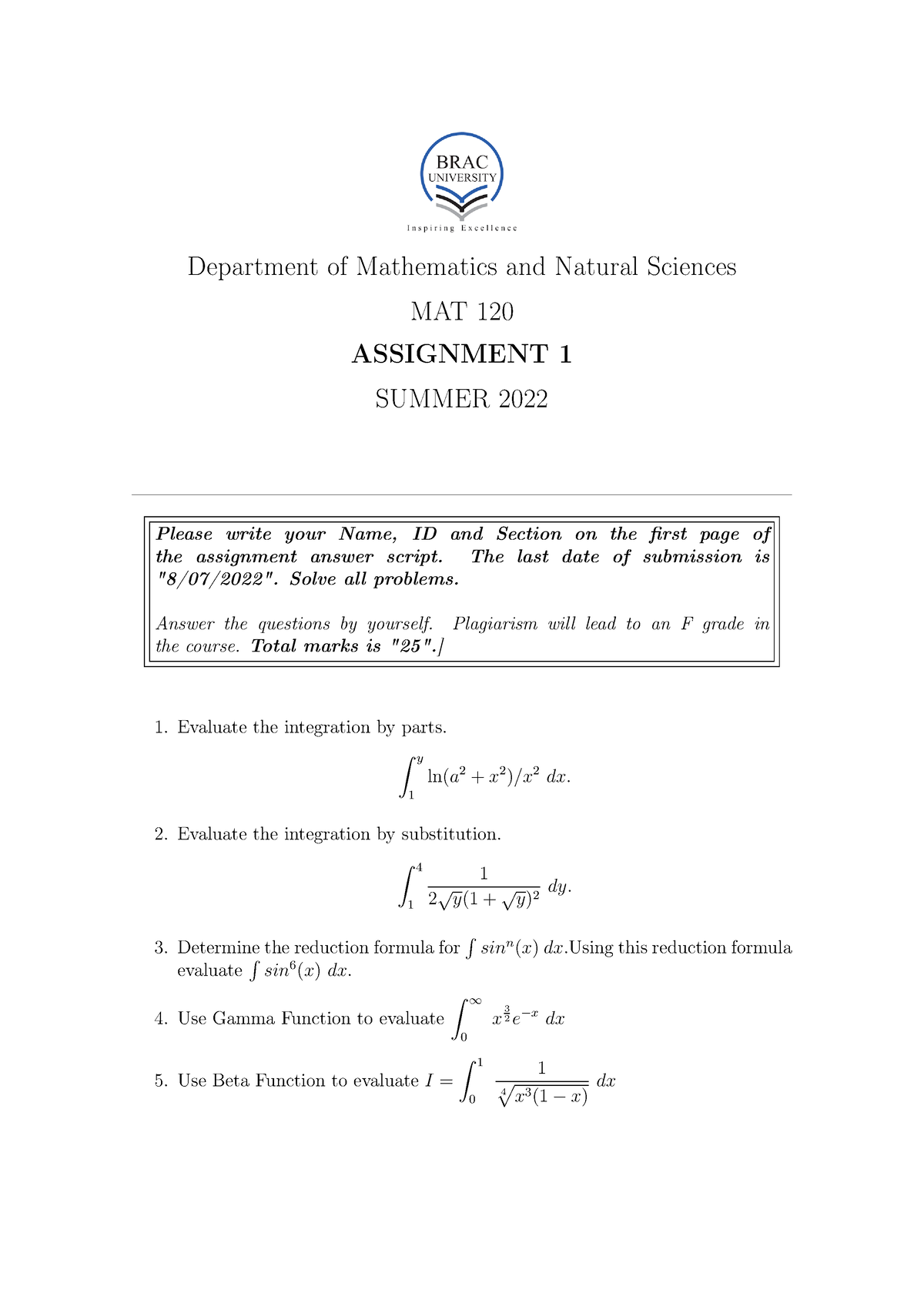 Mat120 Assignment 1 Question - Department Of Mathematics And Natural ...